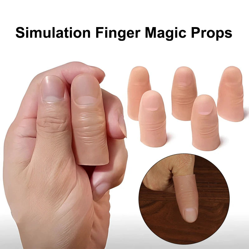 A hand holds a realistic silicone fake thumb tip used for magic tricks, showing various sizes.