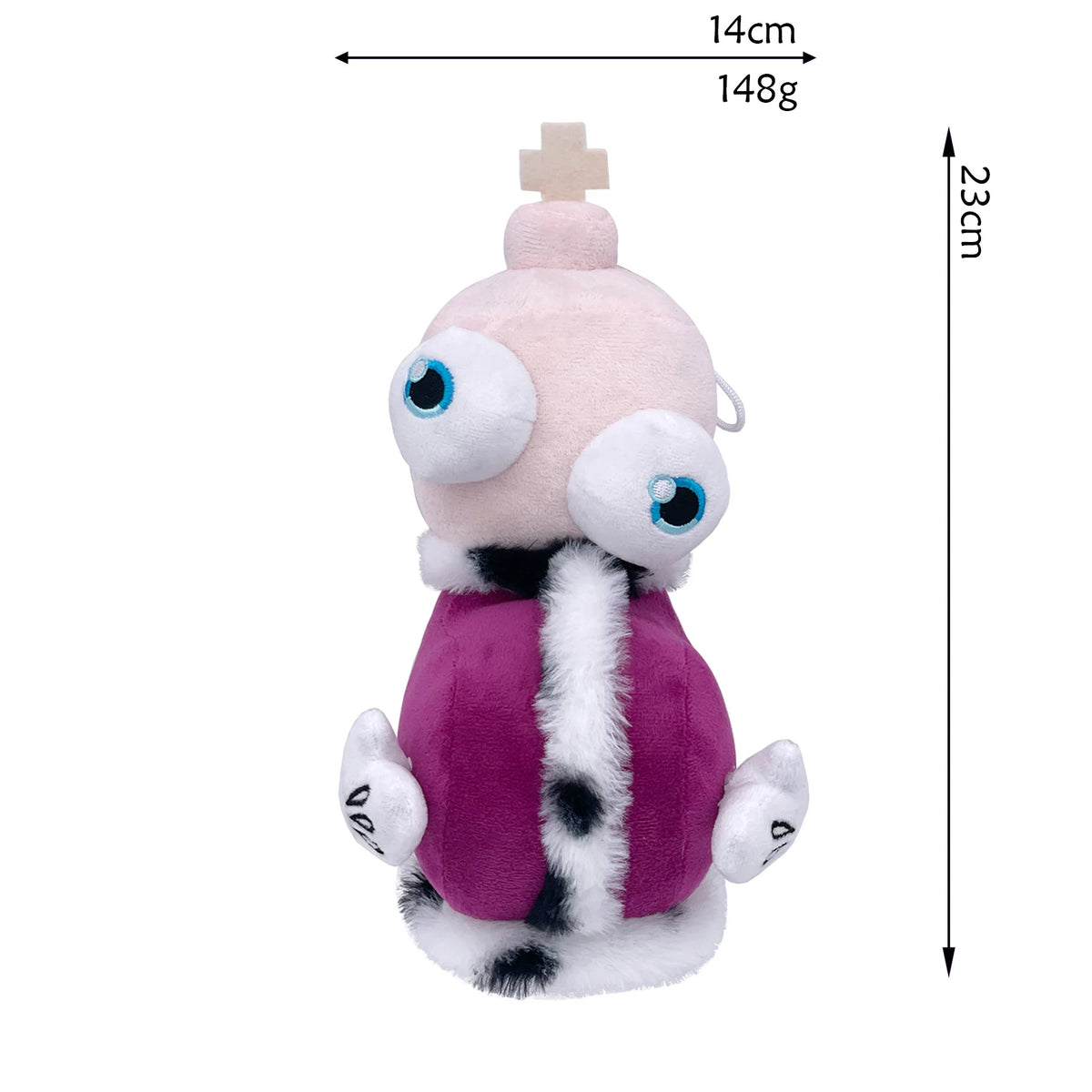 A pink and white plush toy resembling a stylized character with large blue eyes and a crown.