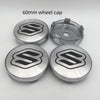 Two 60mm silver wheel caps featuring a black stylized 'S' logo.