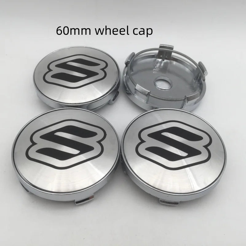 Two 60mm silver wheel caps featuring a black stylized 'S' logo.