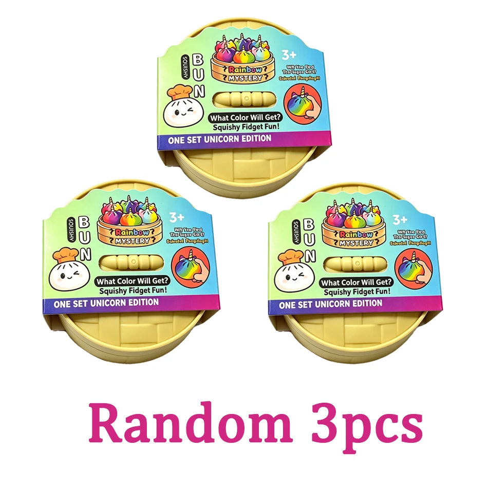 Three sets of Rainbow Unicorn Bun Squishy Fidget toys in various colors and packaging.