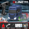 A blue 1:64 scale RC drift truck model with lights and a Type-C charging port displayed on a dark background.