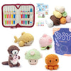 A beginner crochet kit for amigurumi animals featuring various colored needles and yarn for crafting.