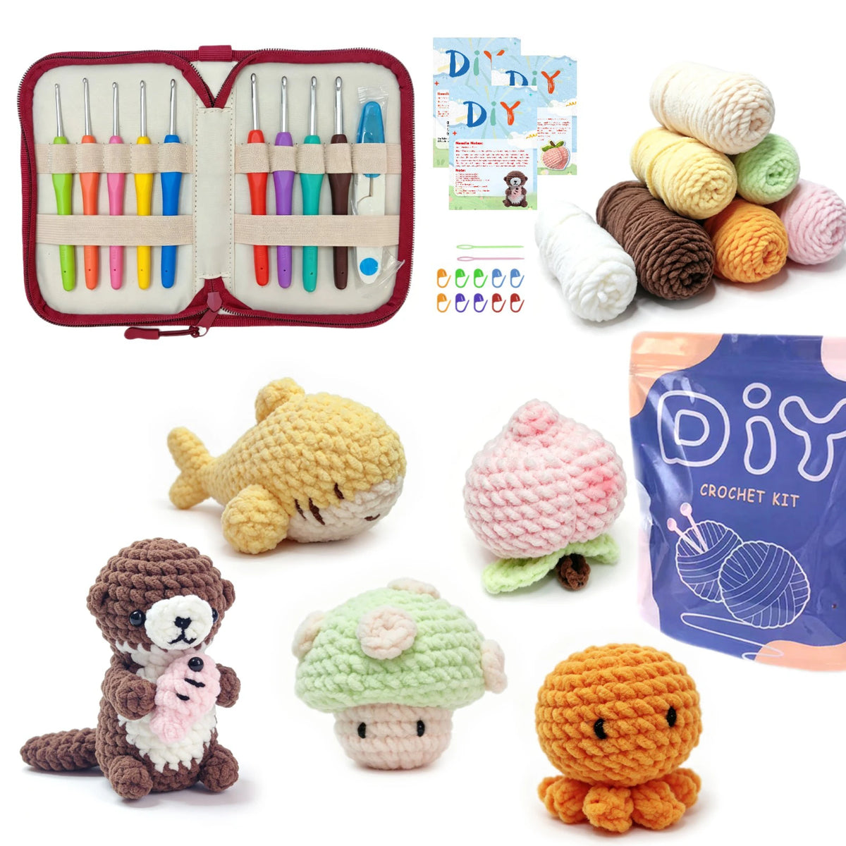 A beginner crochet kit for amigurumi animals featuring various colored needles and yarn for crafting.