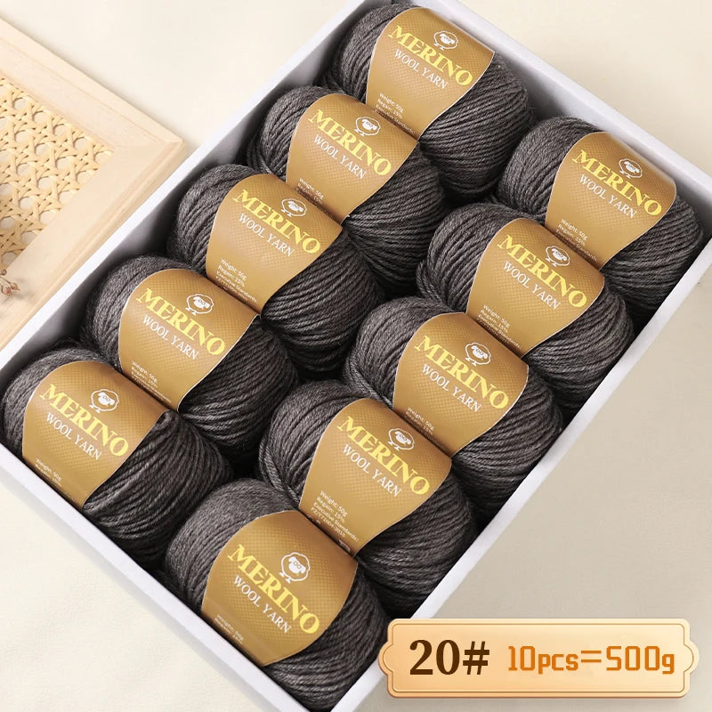 Box of 10 balls of Merino wool yarn labeled as 20# with a total weight of 500g