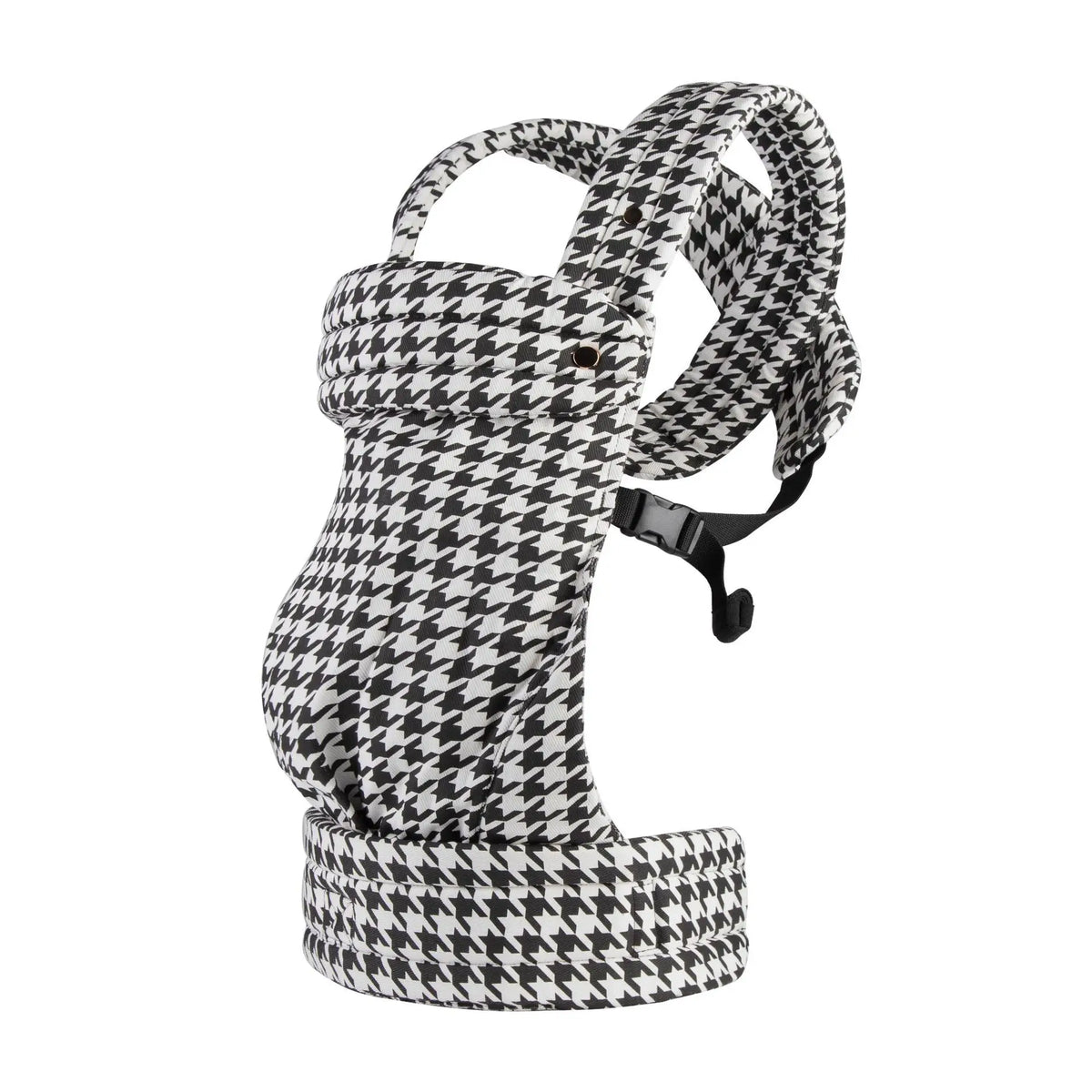 A black and white houndstooth patterned adjustable cotton baby carrier wrap for newborns and toddlers.