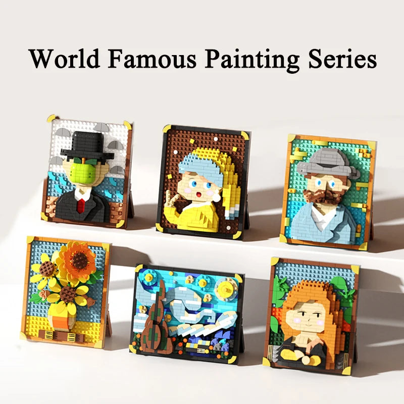 A collection of pixel art paintings featuring famous paintings like Van Gogh's Starry Night and other works on wooden frames.