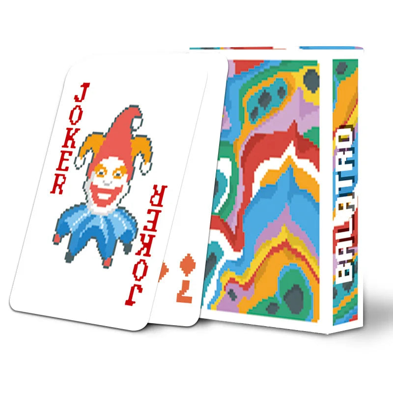 A deck of classic joker poker playing cards featuring colorful, psychedelic designs.