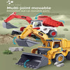 A multi-joint movable excavator toy truck in red and yellow, demonstrating movable parts for simulated car components.