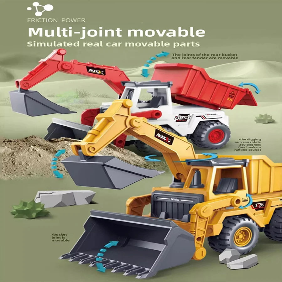 A multi-joint movable excavator toy truck in red and yellow, demonstrating movable parts for simulated car components.