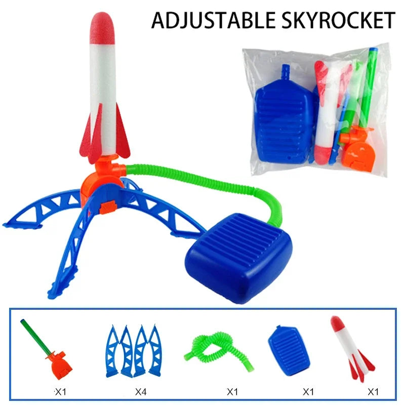 Adjustable skyrocket launcher set showing the main rocket, launch mechanism, and various components.