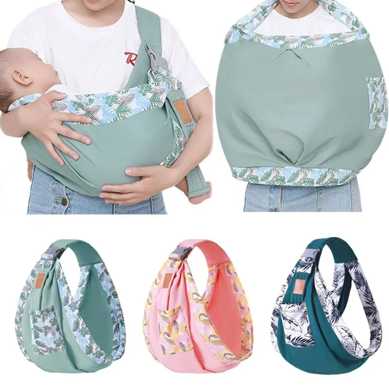 A set of comfortable nursing slings in various colors including green, pink, and patterned fabric for newborns.