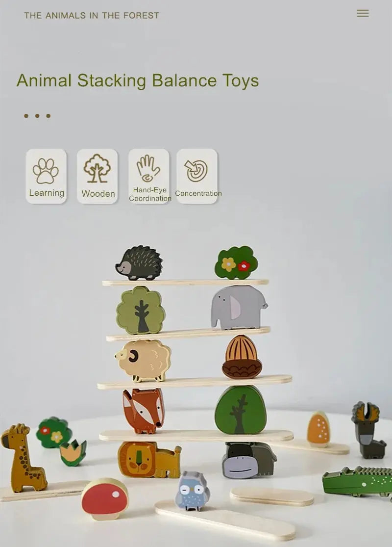 A wooden animal stacking balance toy featuring various forest animals like a hedgehog, bear, and squirrel.