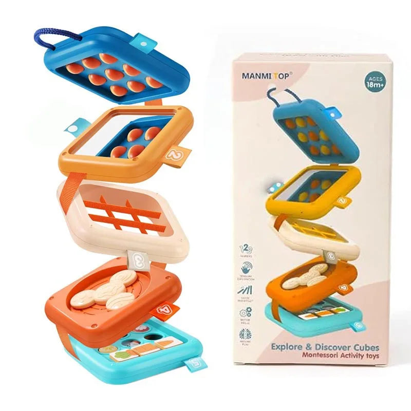 A set of colorful Montessori activity cubes and boards for toddlers, including various shapes and colors.