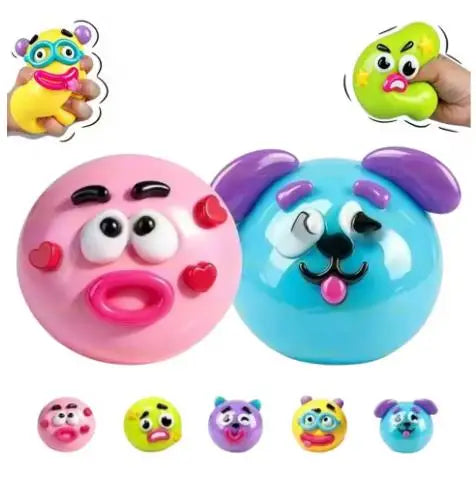 A collection of various moldable dog face squishy sensory toys in different colors and shapes.