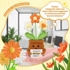 Handmade crochet doll with orange and yellow flower accents sitting in a brown pot
