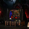 A display featuring a DIY wooden bookshelf insert for a vampire theme with LED lighting and gothic decor.