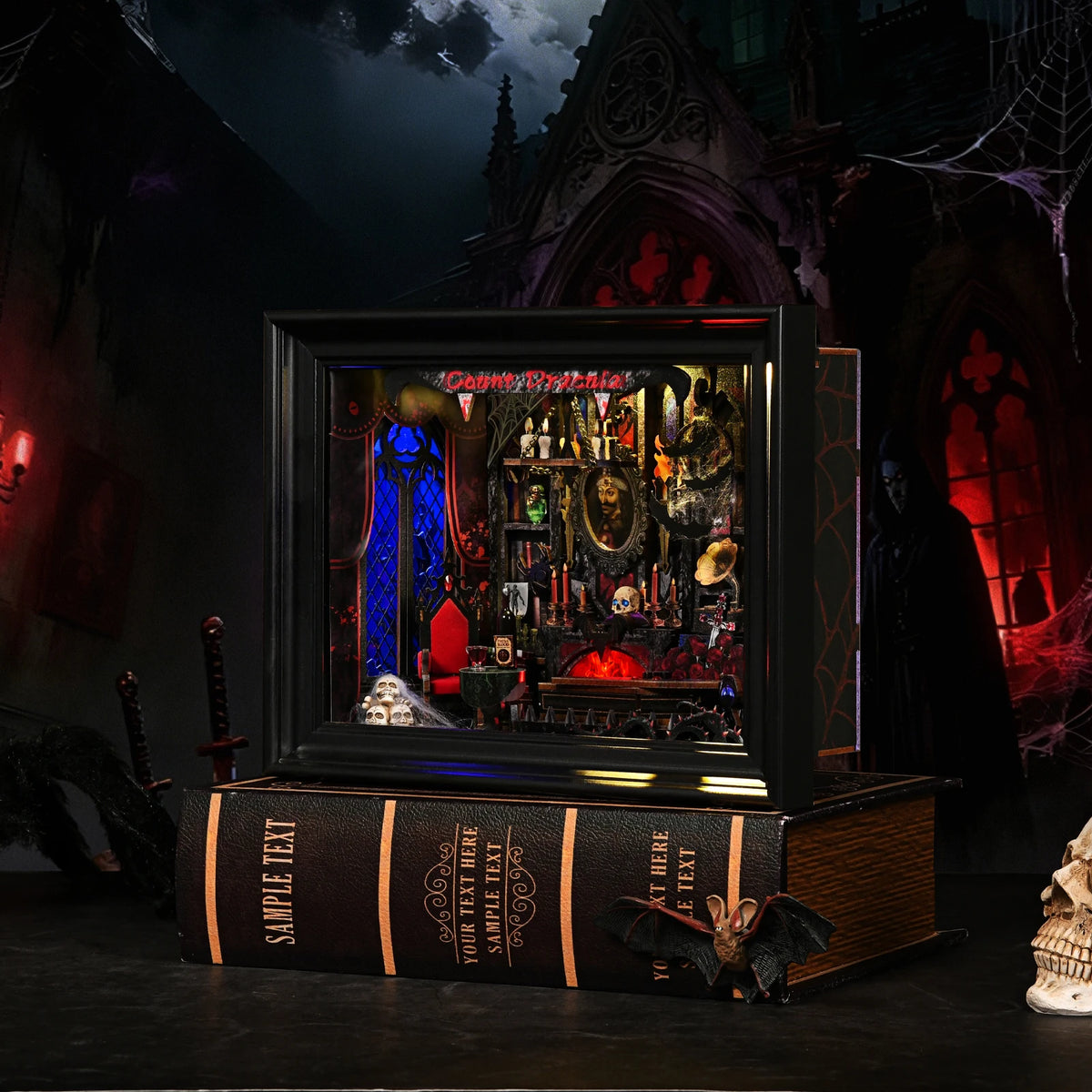 A display featuring a DIY wooden bookshelf insert for a vampire theme with LED lighting and gothic decor.