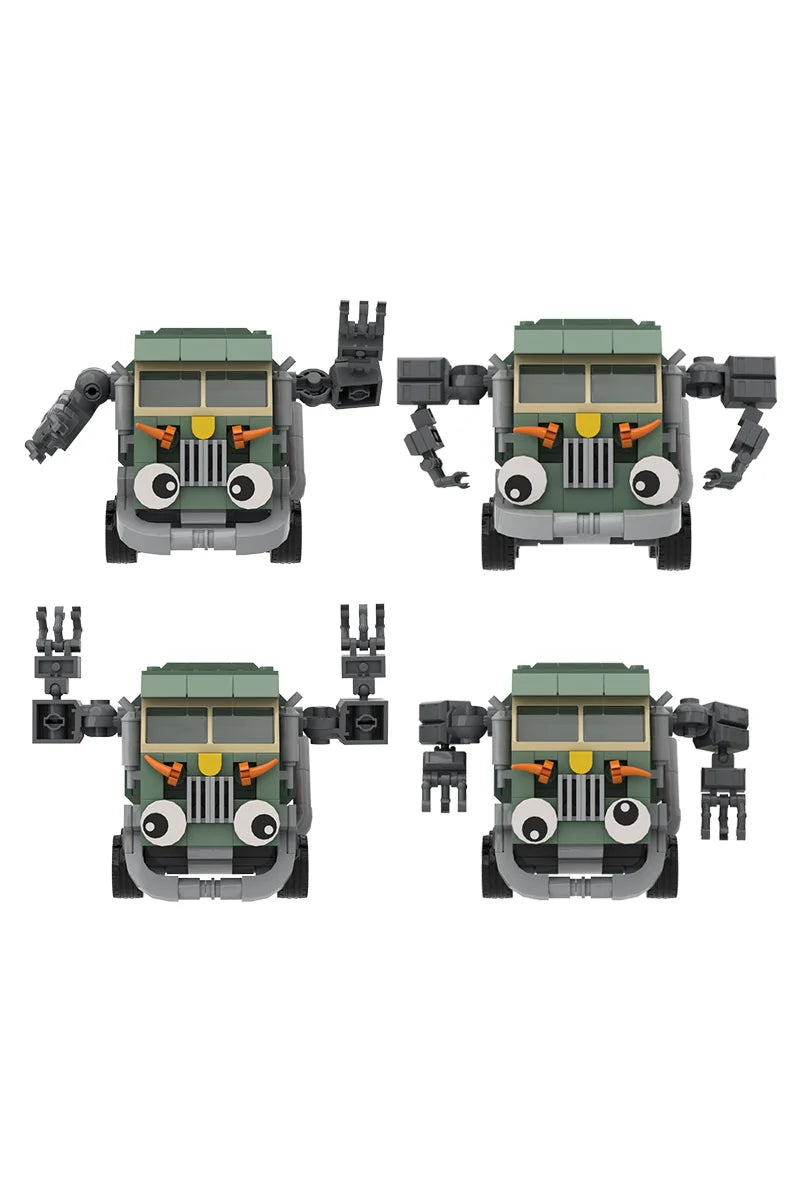 A green trash truck building block set with working dump function and various accessories.
