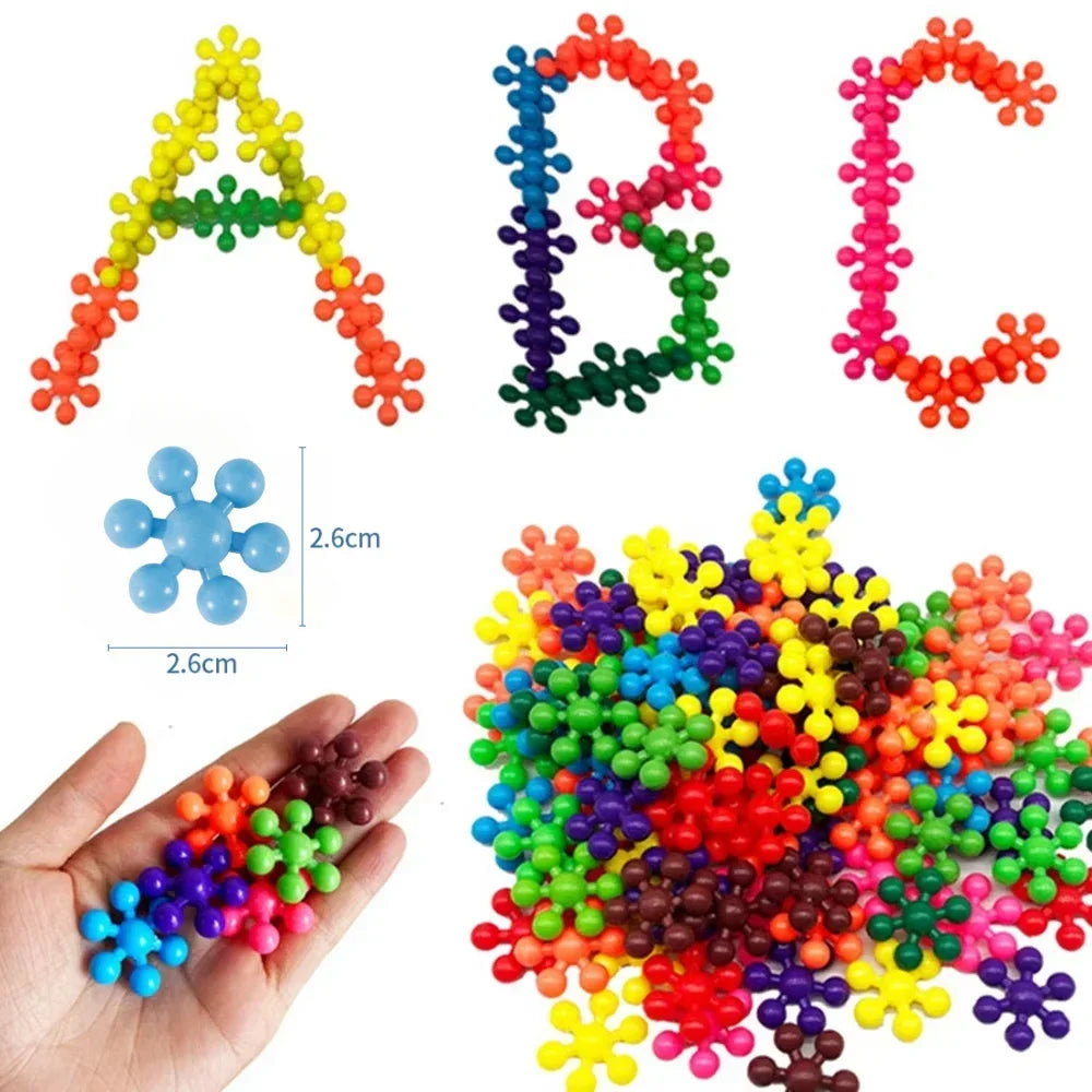 Colorful interlocking plastic building blocks shaped like letters A, B, and C, shown in various arrangements.