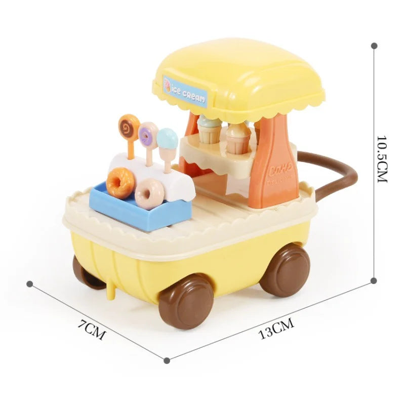 A yellow miniature dollhouse playset featuring a ice cream stand and various food items.