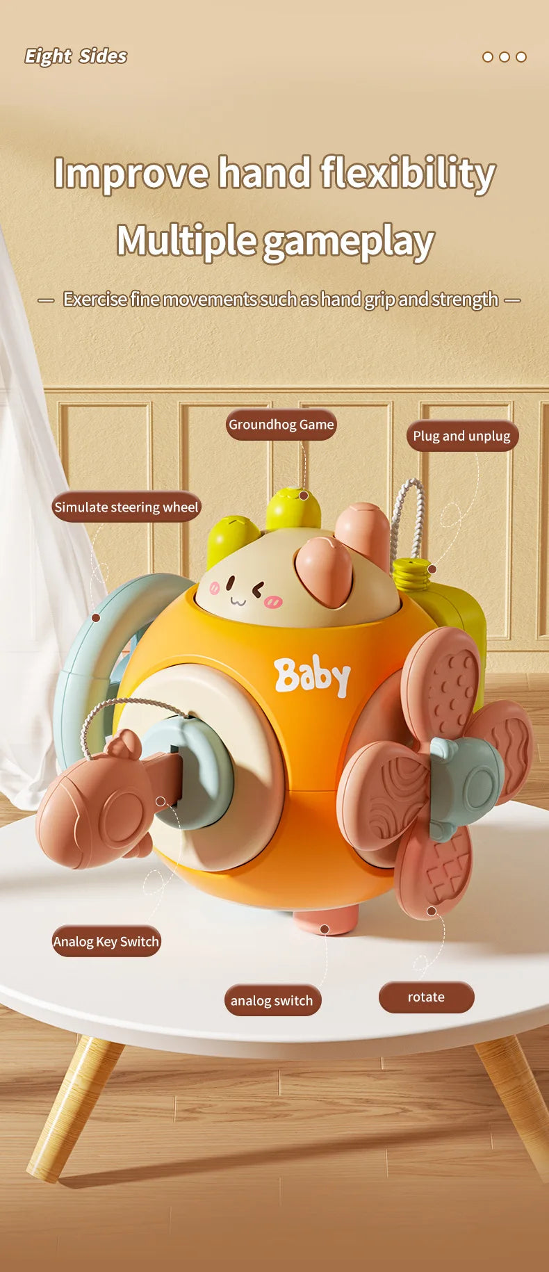 An orange and pink sensory toy designed to improve hand flexibility and multiple gameplay, featuring various grips and switch