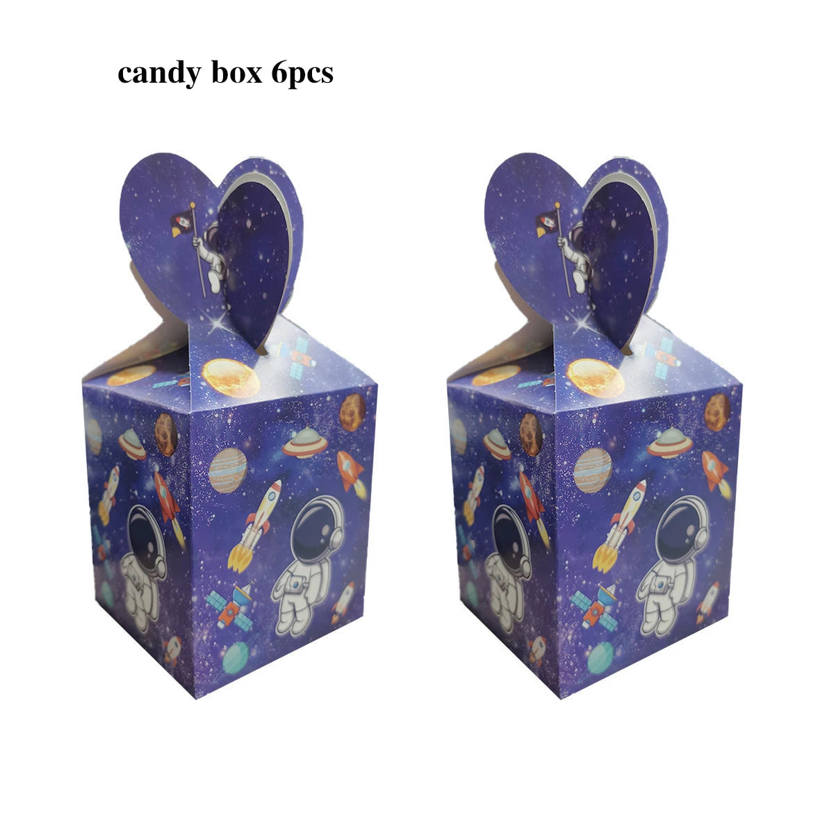 A set of six heart-shaped candy boxes featuring outer space astronaut designs for party decor.