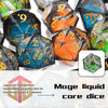 A collection of liquid core resin polyhedral dice in various colors and shapes for tabletop gaming.