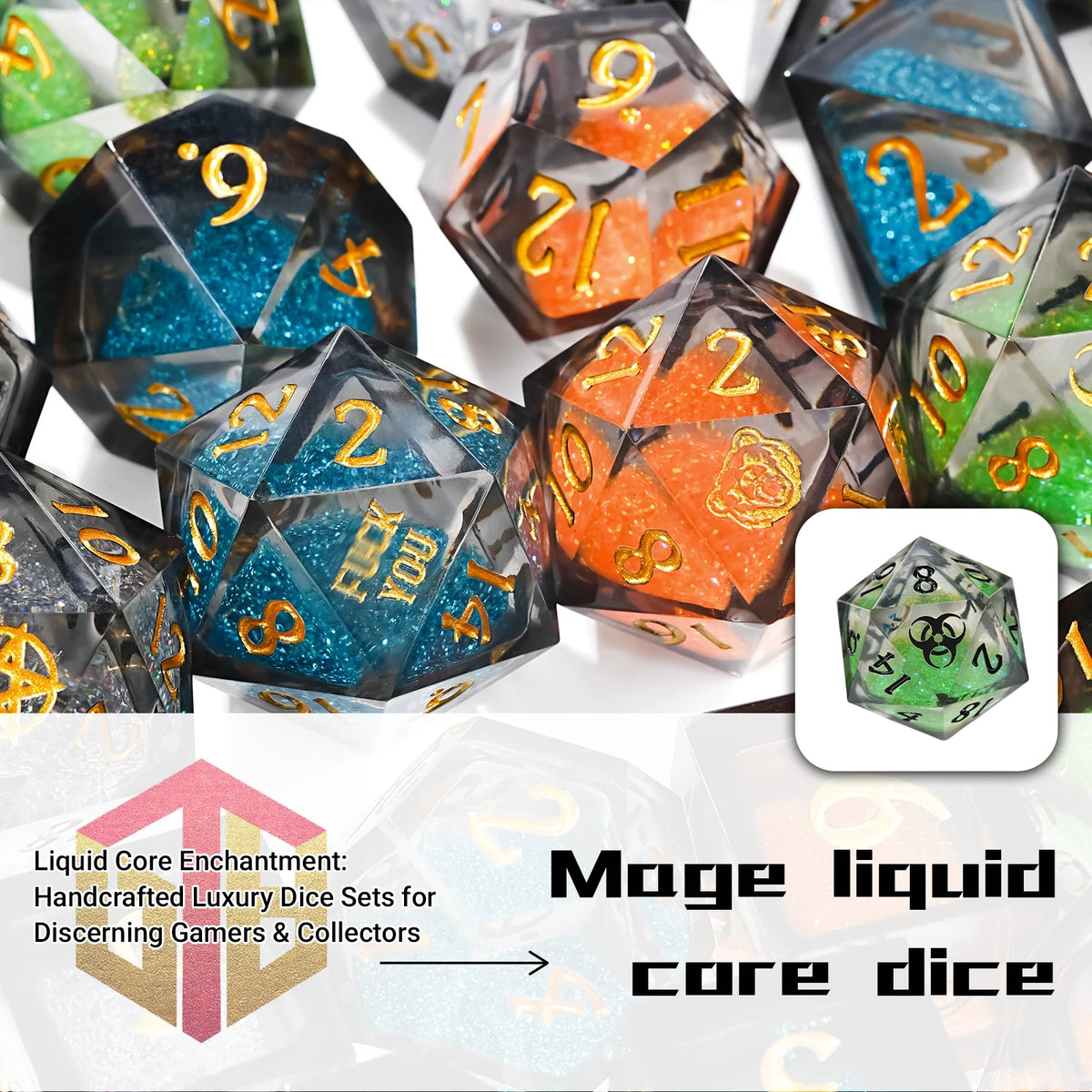 A collection of liquid core resin polyhedral dice in various colors and shapes for tabletop gaming.