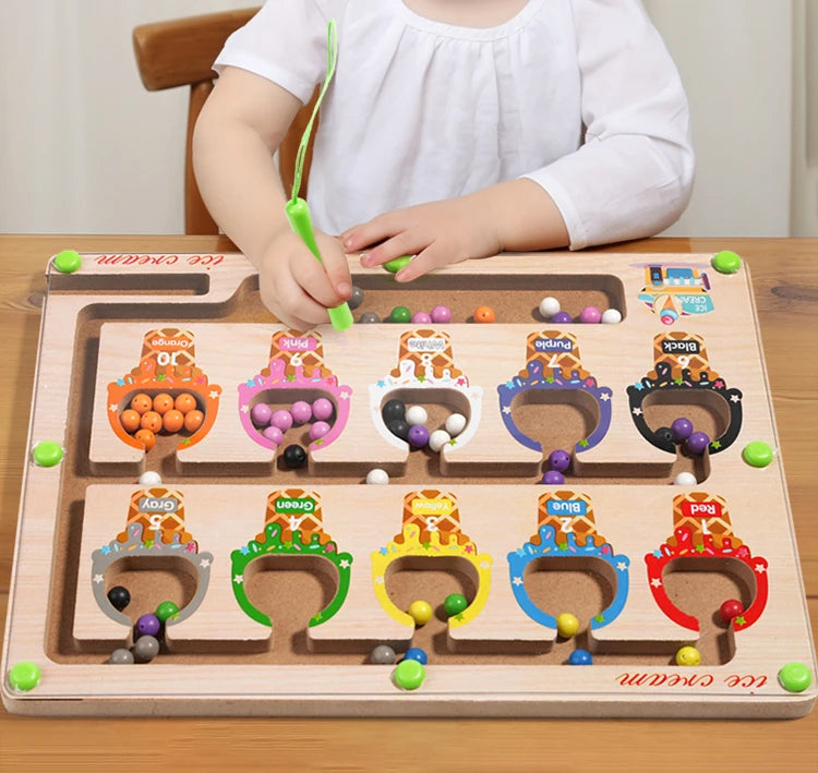 Magnetic Color Sorting Maze Board – Montessori Wooden Toy for Counting & Fine Motor Skills