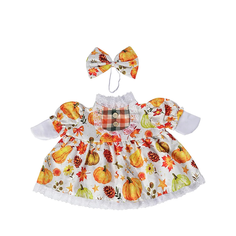 A festive porch goose decoration featuring an orange and white fabric with seasonal fall foliage patterns.