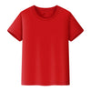 A bright red short-sleeved t-shirt for kids, shown flat lay.