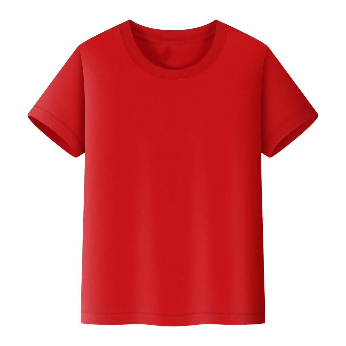 A bright red short-sleeved t-shirt for kids, shown flat lay.
