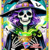 A diamond painting featuring a skull woman wearing a witch hat and cloak with purple hair and green glowing effects.