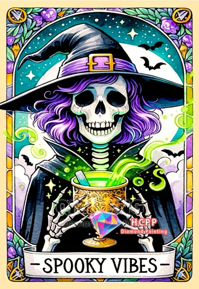 A diamond painting featuring a skull woman wearing a witch hat and cloak with purple hair and green glowing effects.