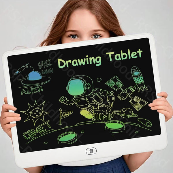 A young girl holds a white drawing tablet displaying green line art of an alien, comet, and rocket.
