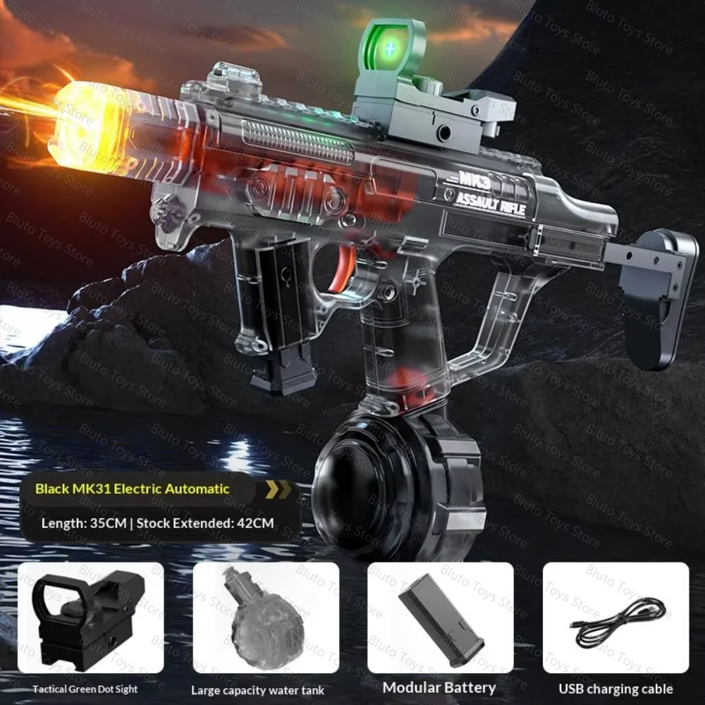 Black MK31 Electric Automatic rifle with a green light, shown against a dark background.