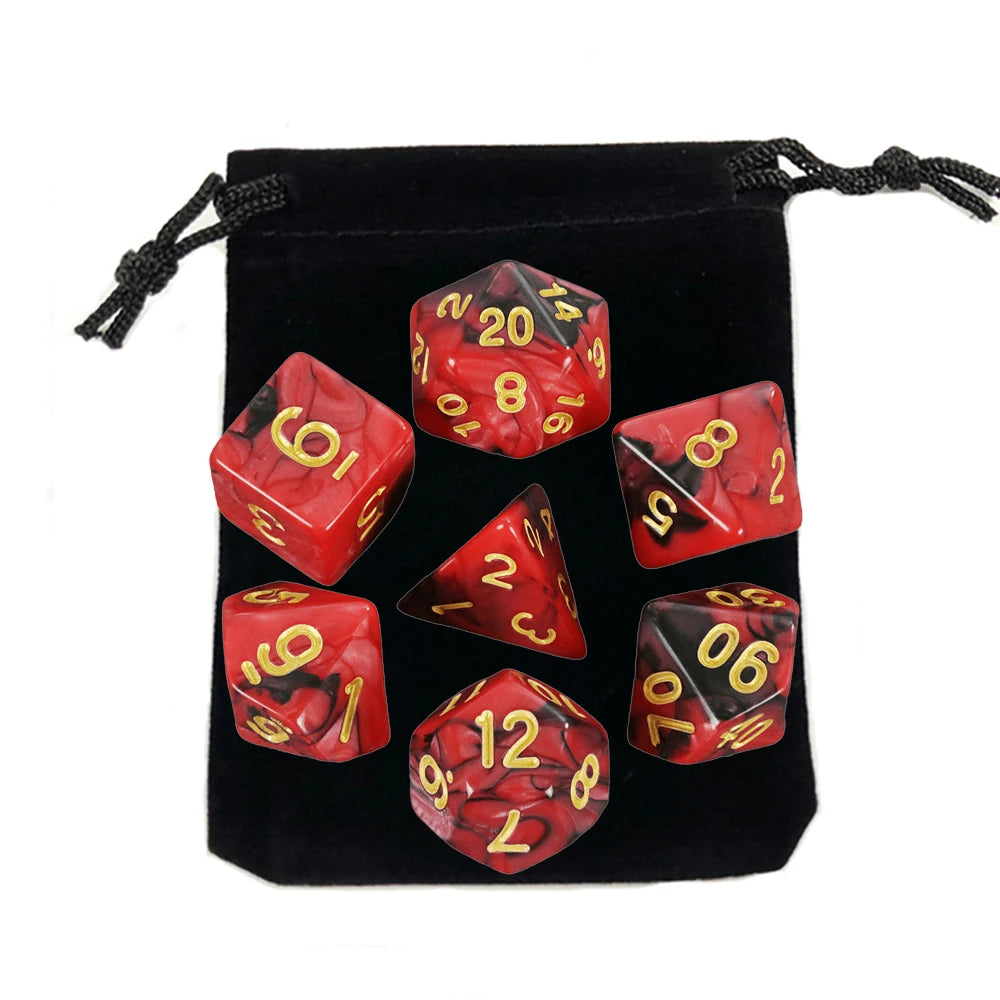 A set of polyhedral dice, including a d20 and d12, stored in a black fabric bag.