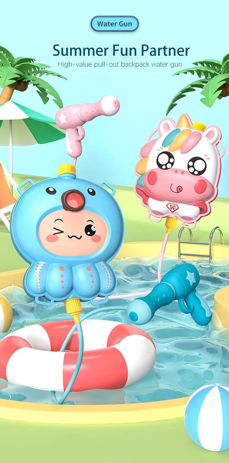 A cute blue animal backpack water gun is spraying water into a pool, with a pink water gun accessory nearby.