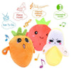 An orange carrot plush toy with a green top, a red strawberry, and a yellow banana, surrounded by musical notes and related i