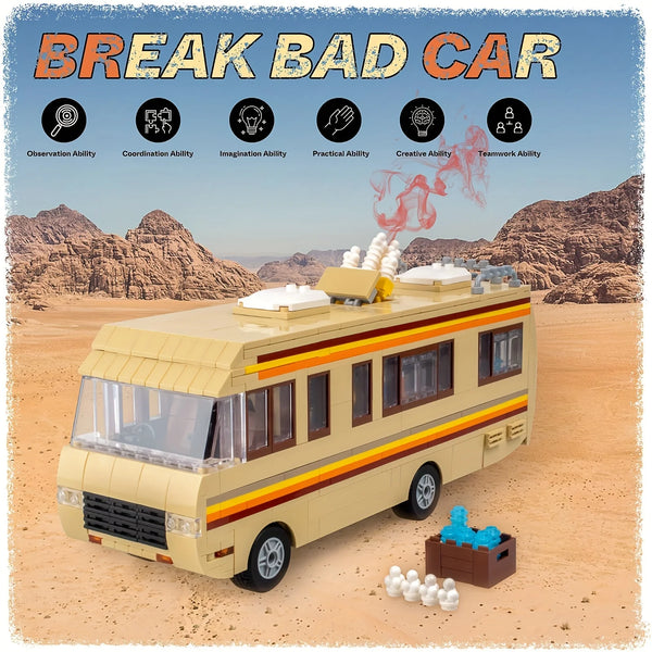 A beige bus model is shown with various abilities icons and a small blue building set nearby.