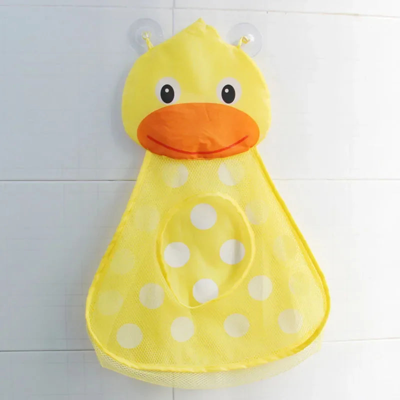 Yellow duck and frog toy storage bag with suction cups for bathroom and shower