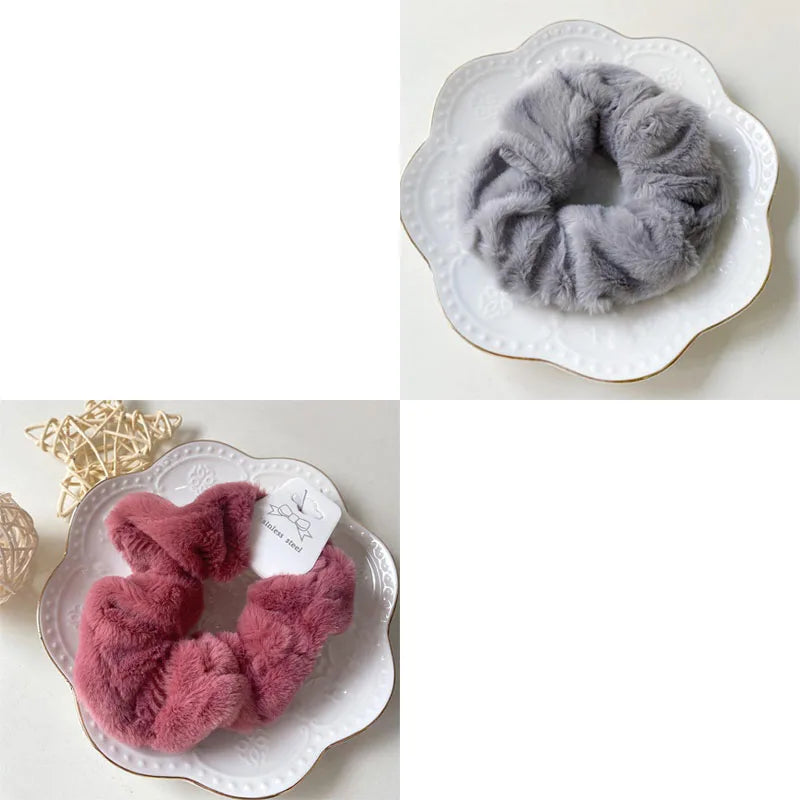 Plush Knit Scrunchie Hair Ties with Leather Accent