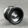 A close-up view of a black aluminum alloy yo-yo with a silver bearing and a Bloody Hero logo etched on the surface.