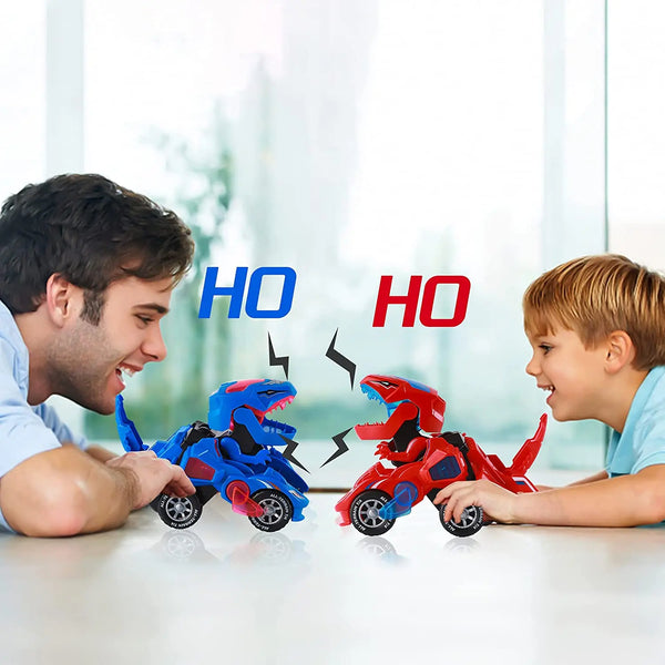 Two children play with red and blue transforming dinosaur toy cars on a table.