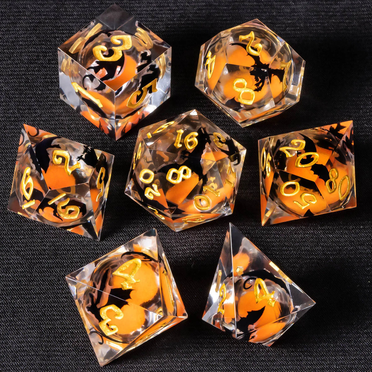 Liquid Core Glow D&D Dice Set with Sharp Edges