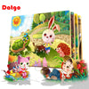 A colorful wooden jigsaw puzzle featuring cute cartoon animals like a rabbit, turtle, and cat in a woodland setting.