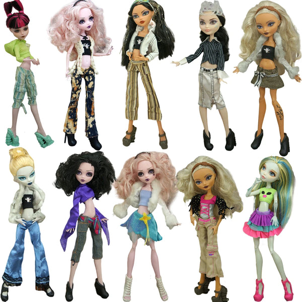 A collection of fashion dolls wearing various outfits and clothing items.