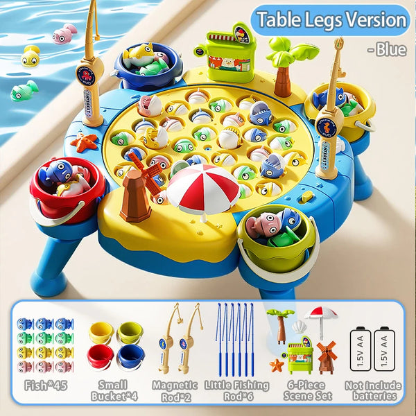 Blue table legs version of a magnetic fishing game set for kids with various rods and buckets