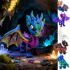 A vibrant blue dragon figurine with purple accents is displayed in a dark, mossy cave setting.